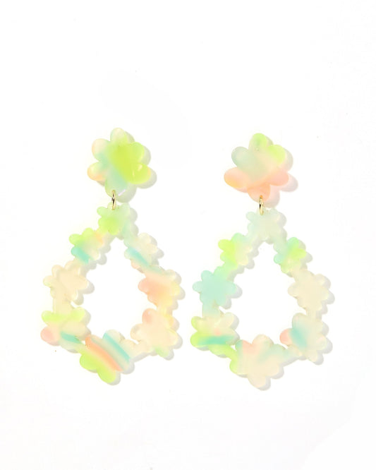 Neon pastel statement hoop earrings with layered clover flowers