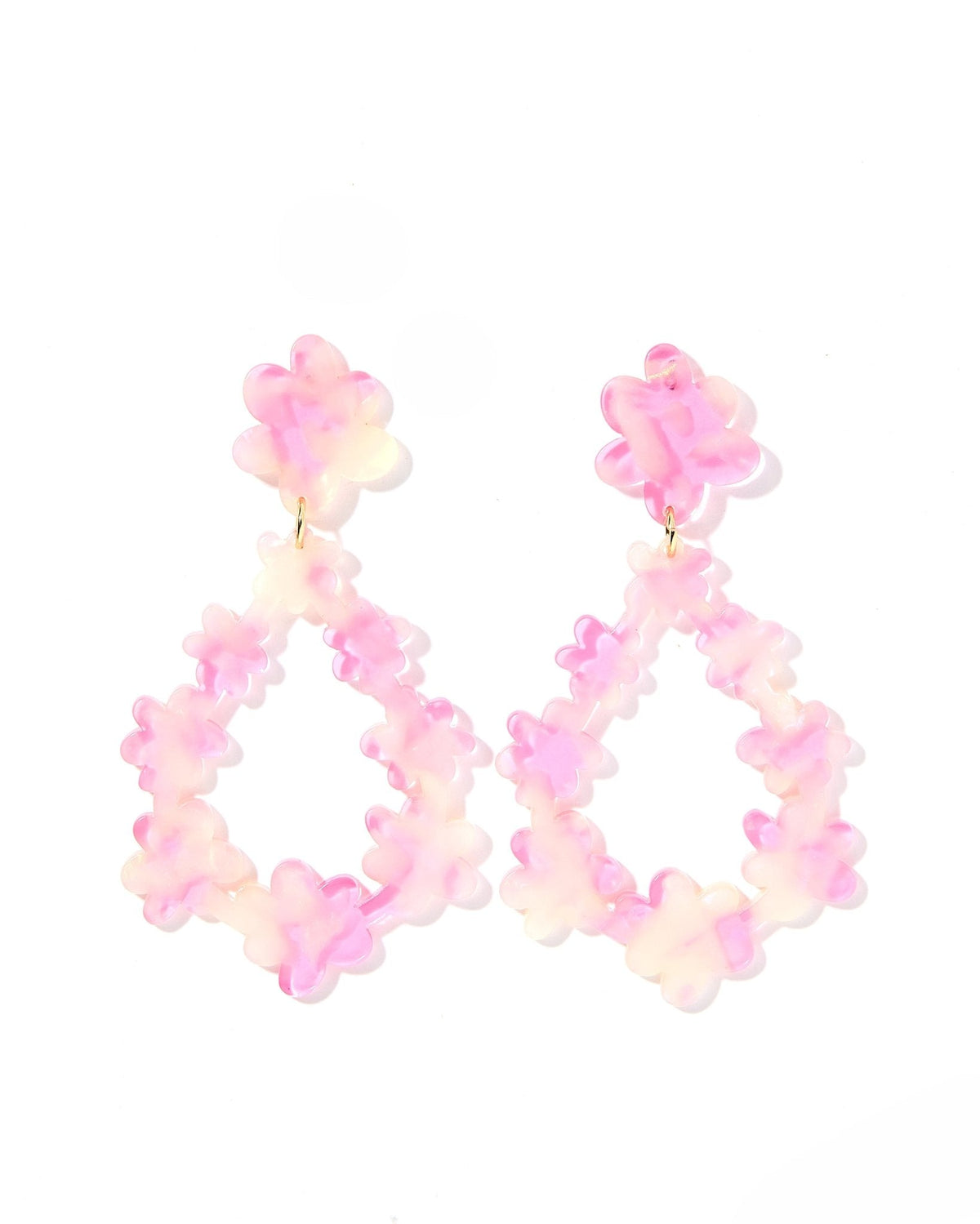 Statement earrings with pink floral bead clusters and dangling hoop shape