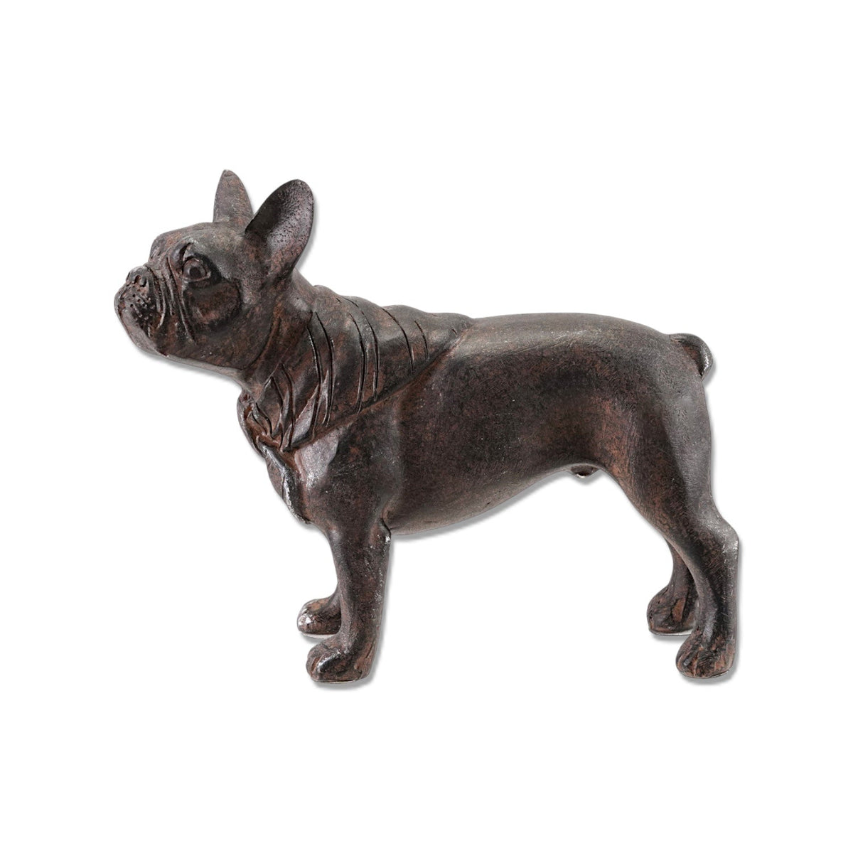 Black French bulldog resin figurine, side view, raised ears, textured coat.