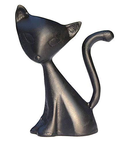 Black cat ring holder figurine with curled tail and open tray shape on top.