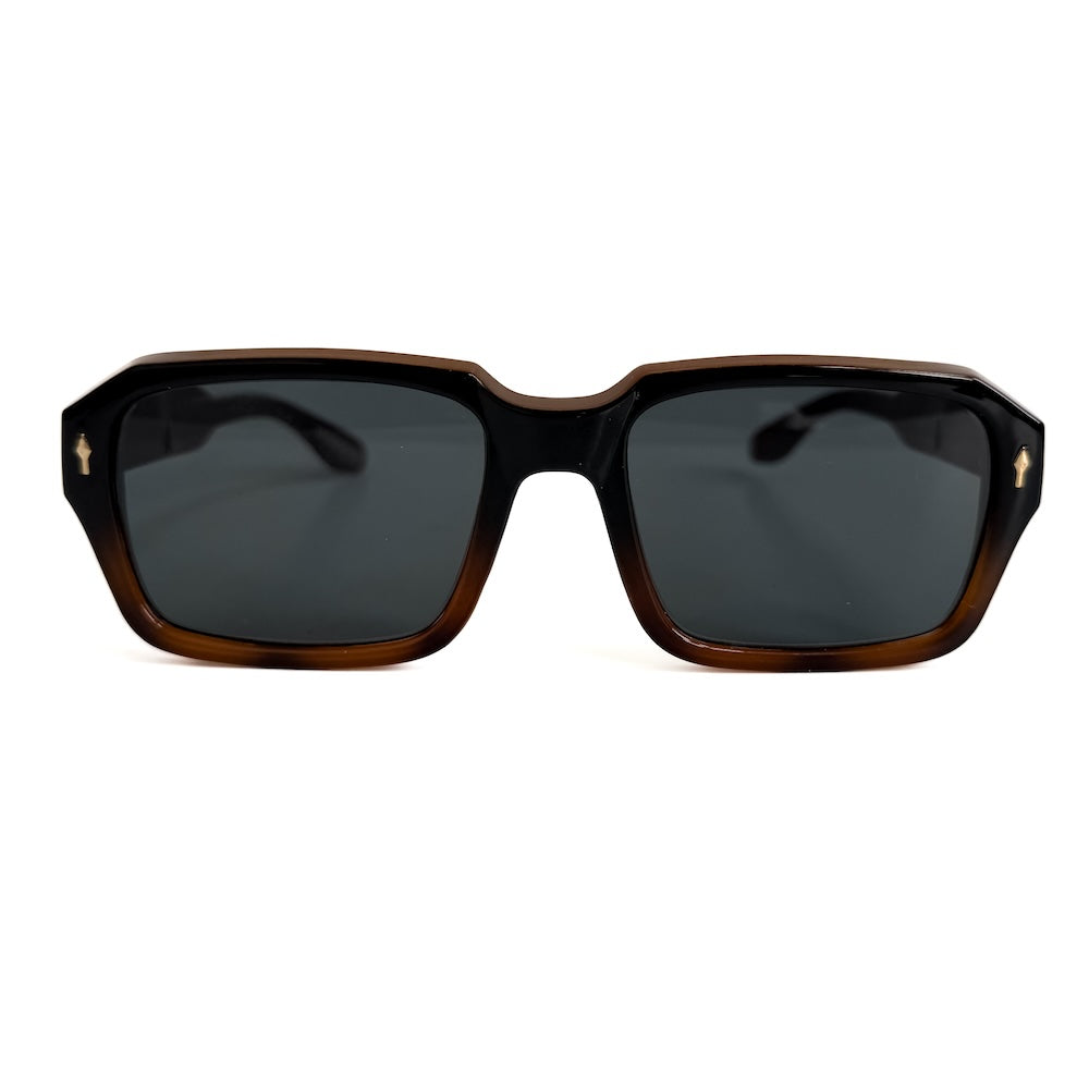 Square sunglasses in tortoise-and-black with black lenses.