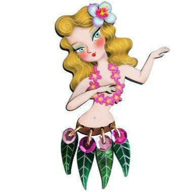 Laliblue hula girl brooch with blonde hair, pink flower, and green grass skirt