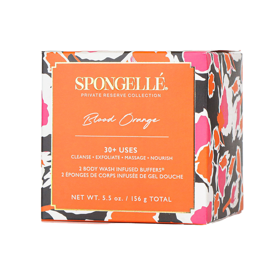 Bath sponge duo box in orange and black, Blood Orange scent label