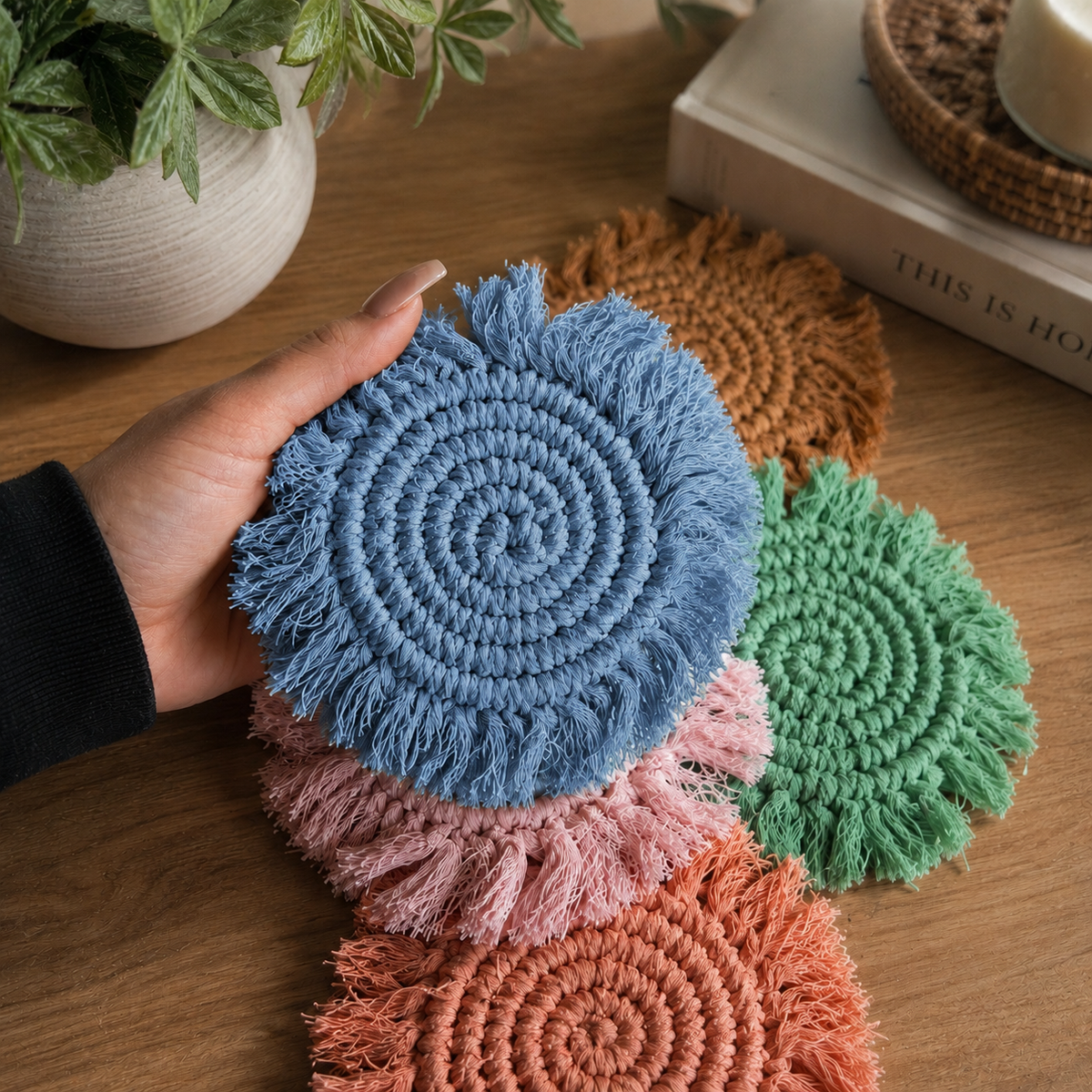 Braided rope tassel coasters held in hand: blue, green, pink, and coral with fringe