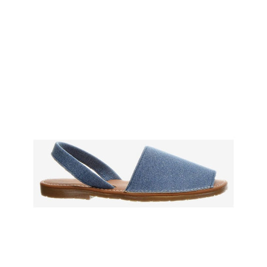 Blue denim Menorcan sandal with a wide toe strap, heel strap, and brown flat sole.