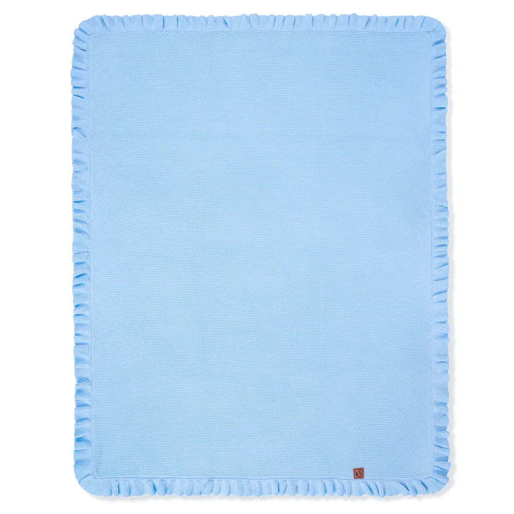 Square baby blue knit baby blanket with ruffled border and small label patch