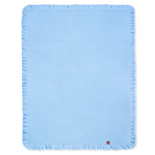 Square baby blue knit baby blanket with ruffled border and small label patch