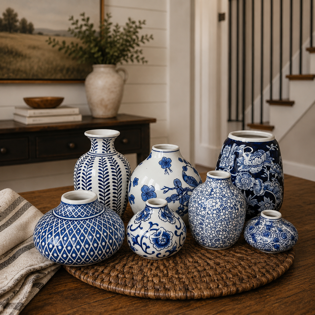 Blue and white ceramic vases grouped together on a woven round tray