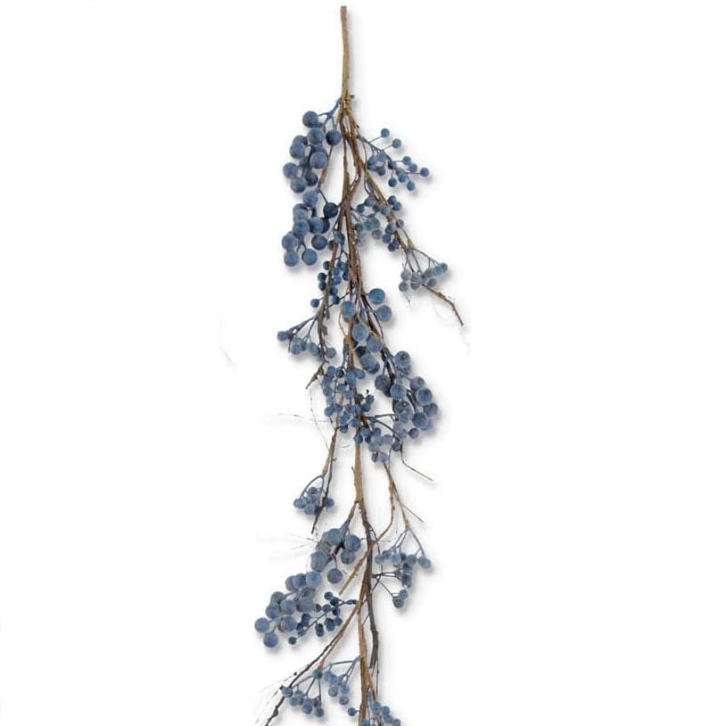 Artificial blueberry greenery swag with blue berry clusters on twig branches, hanging loop