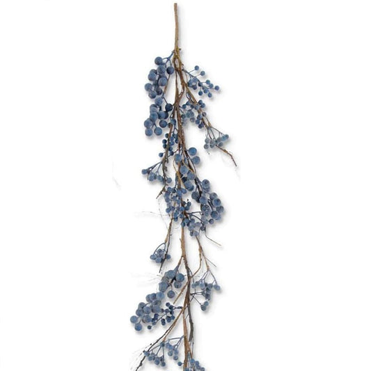 Artificial blueberry greenery swag with blue berry clusters on twig branches, hanging loop