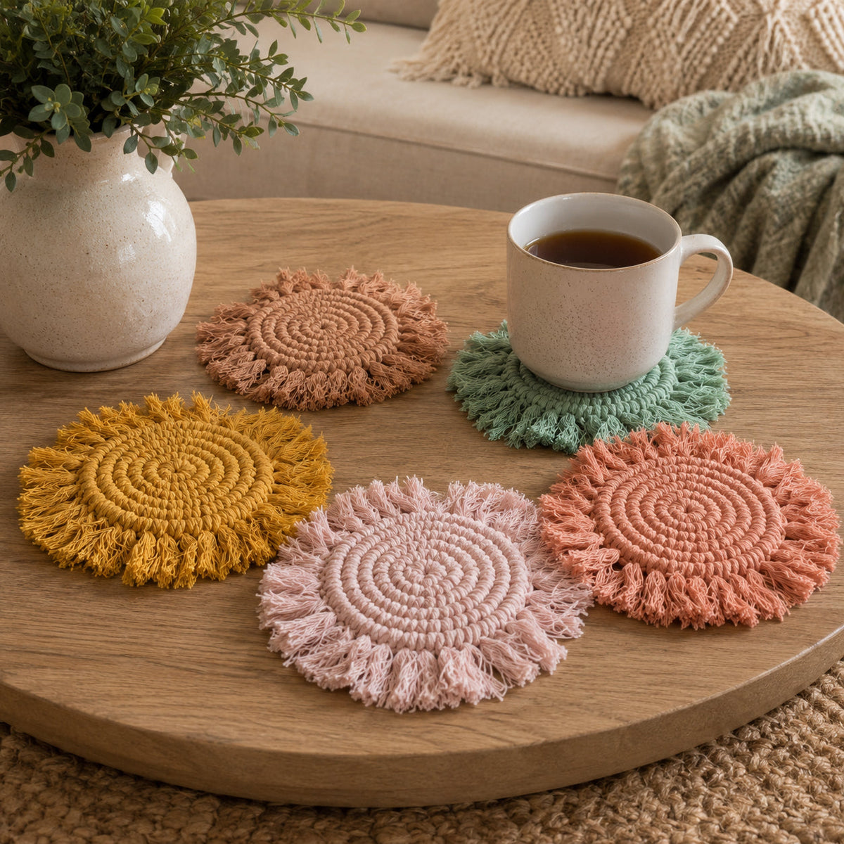 Braided rope tassel coasters in blue, coral pink, yellow, green, and brown on display