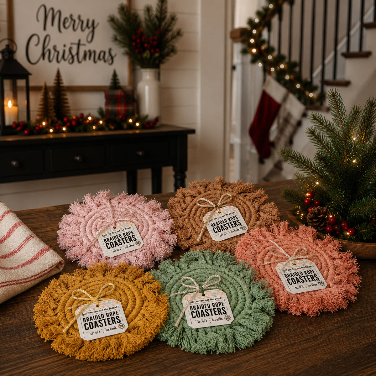 Braided rope tassel coasters set with pink, tan, orange, green, and yellow circular designs