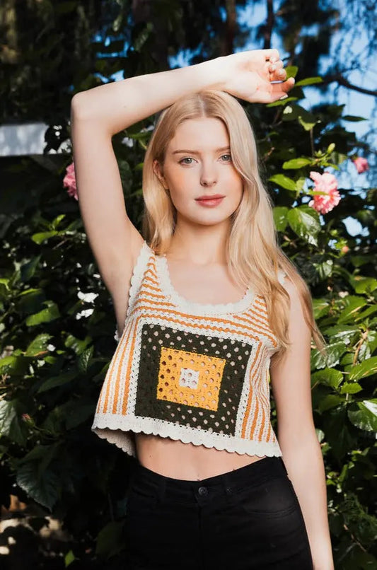 Multicolor crochet tank top with square motif and scalloped hem