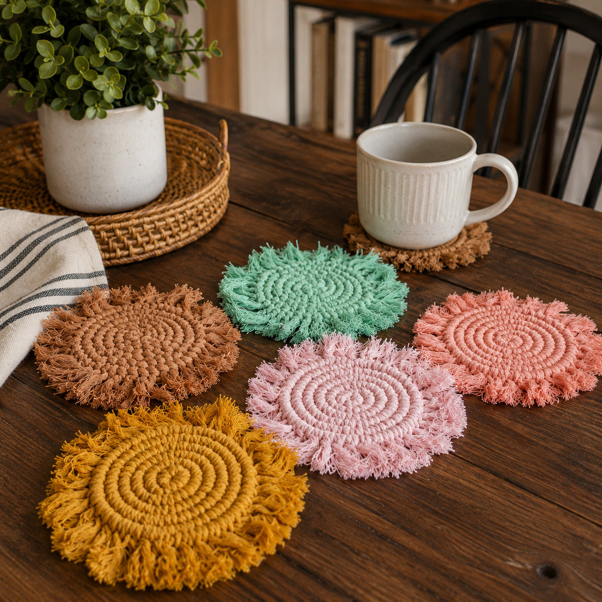 Five braided rope round coasters with spiral center and fringed edges in mixed pastels
