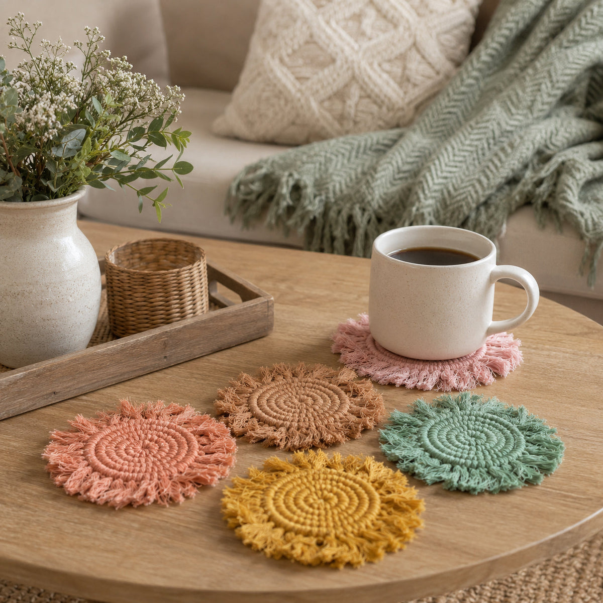 Braided rope tassel coasters in coral, tan, green, and yellow beside a ceramic mug