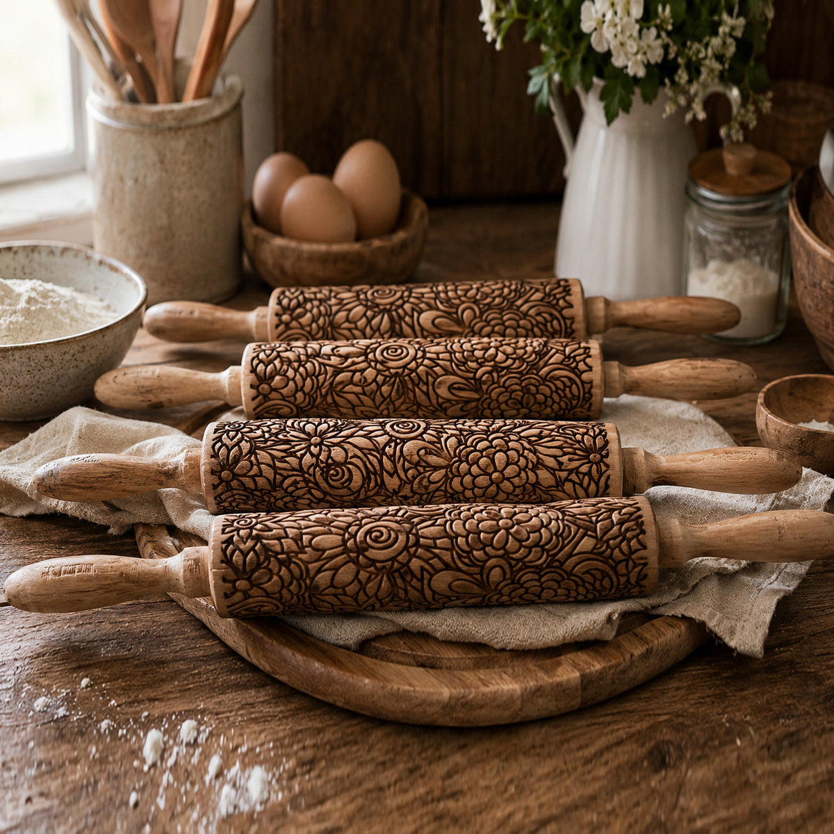 Decorative rolling pin set with wood handles and brown floral-pattern sleeves