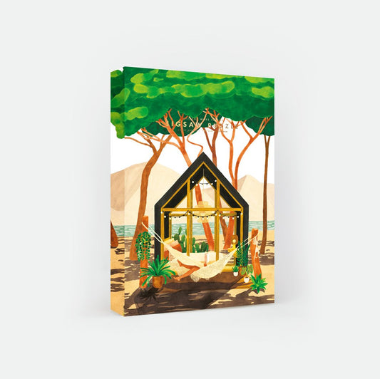 1000-piece jigsaw puzzle box with tropical tree canopy and hammock illustration