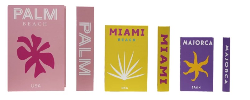 Canvas book storage boxes with pink, maroon, yellow, purple, and gold city palm prints