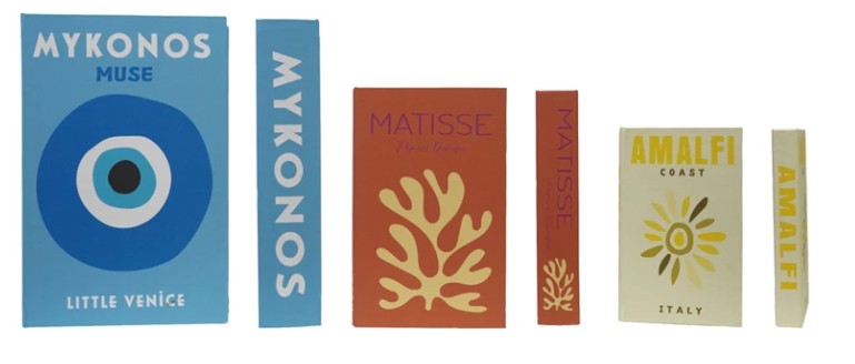 Canvas book storage boxes with blue, tan, and yellow tropical prints, including MYKONOS