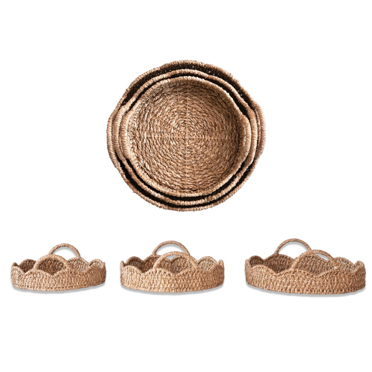 Braided rattan scalloped tray with loop handles, round woven basket-style tray