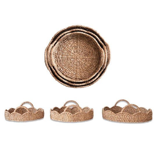Braided rattan scalloped tray with loop handles, round woven basket-style tray