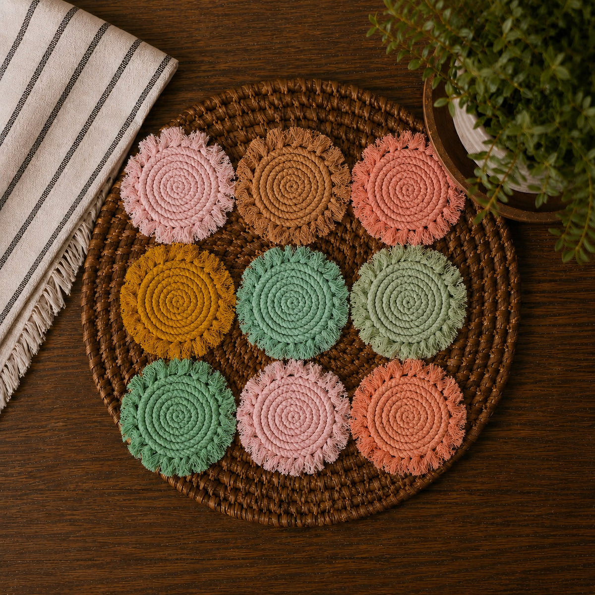 Set of round braided rope tassel coasters in mixed colors: pink, orange, teal, brown, mint