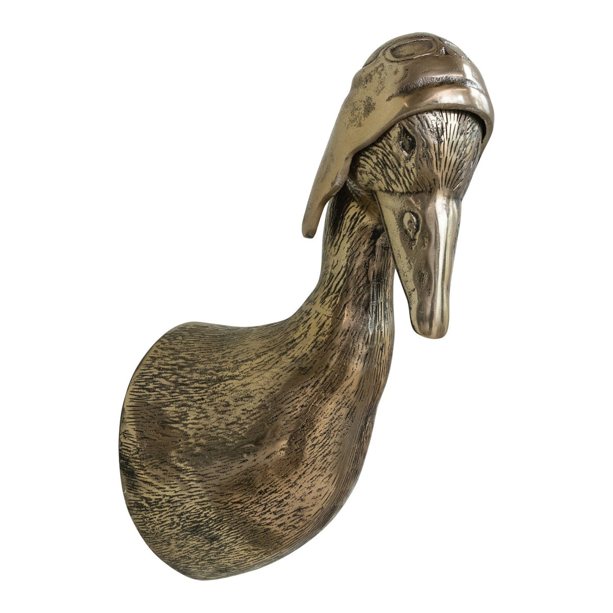 Vintage brass-finish duck aviator head wall mount with long beak, cast metal