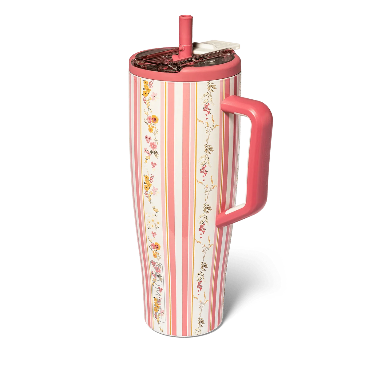 40oz flip-top tumbler with pink handle and cascading floral stripe pattern