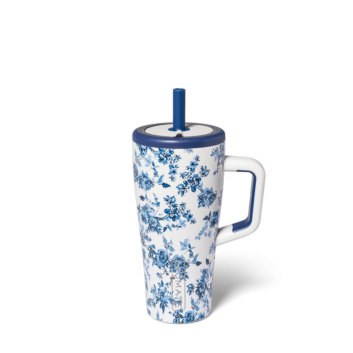 Brumate Sorrento Era 20oz insulated tumbler with blue floral print and straw lid