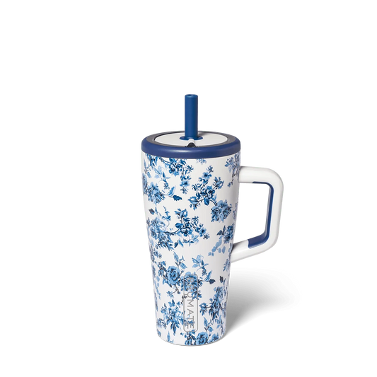 Brumate Sorrento Era 20oz insulated tumbler with blue floral print and straw lid