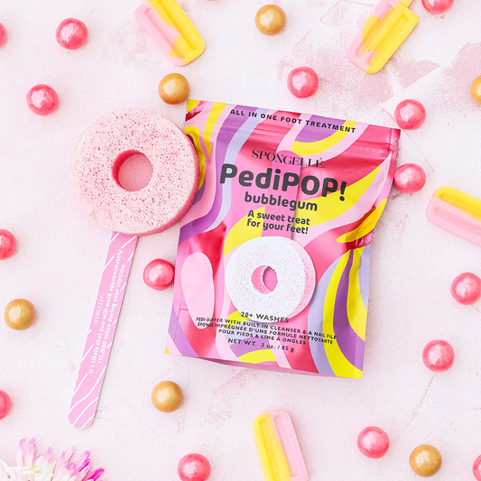 Bubblegum PediPOP pouch with pink ring foot sponge buffer and striped nail file