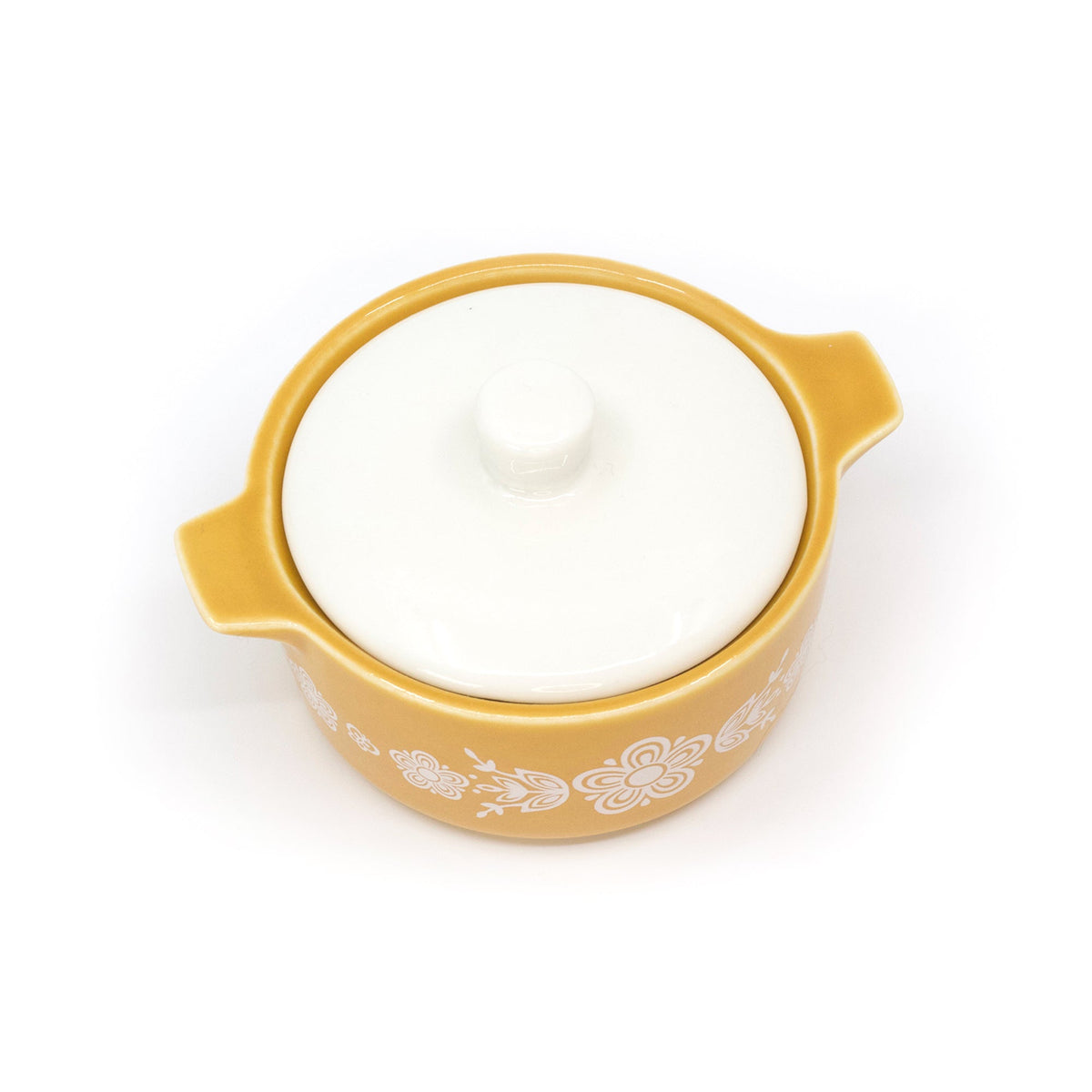 Yellow ceramic casserole trinket box with white lid, floral butterfly pattern