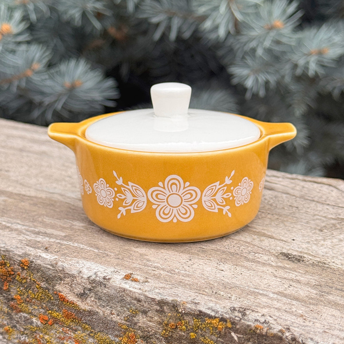 Yellow ceramic casserole trinket box with white lid and white floral butterfly design
