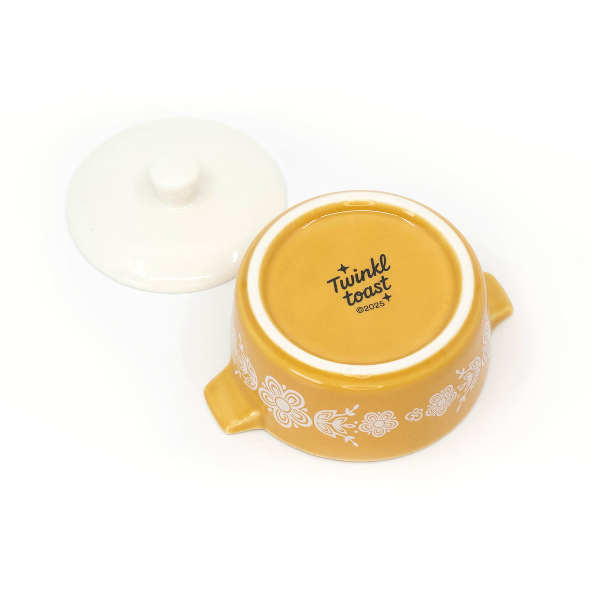 Yellow ceramic casserole trinket box with lid and “Twinkle Toast” mark on inner base