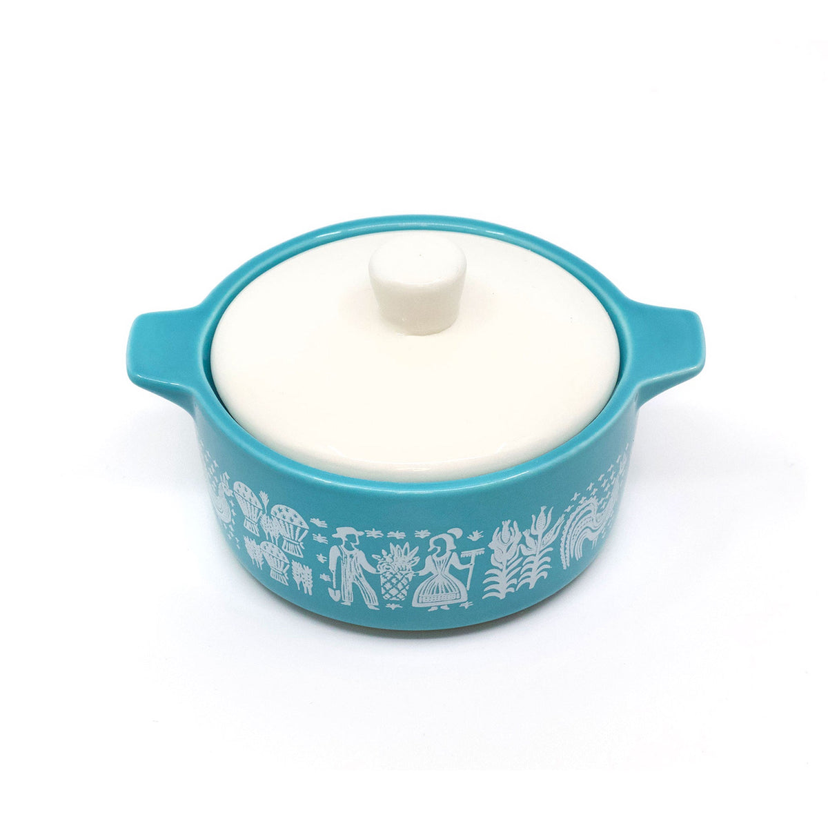 Blue ceramic casserole trinket box with white lid and teal side handles