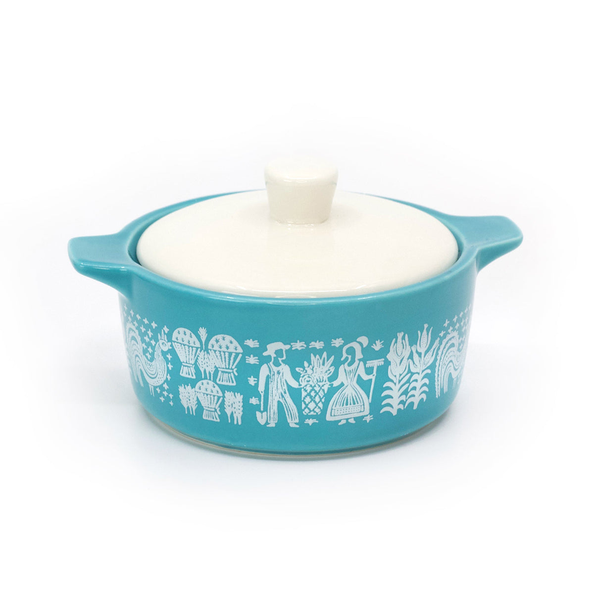 Blue ceramic casserole trinket box with white lid and front silhouette pattern