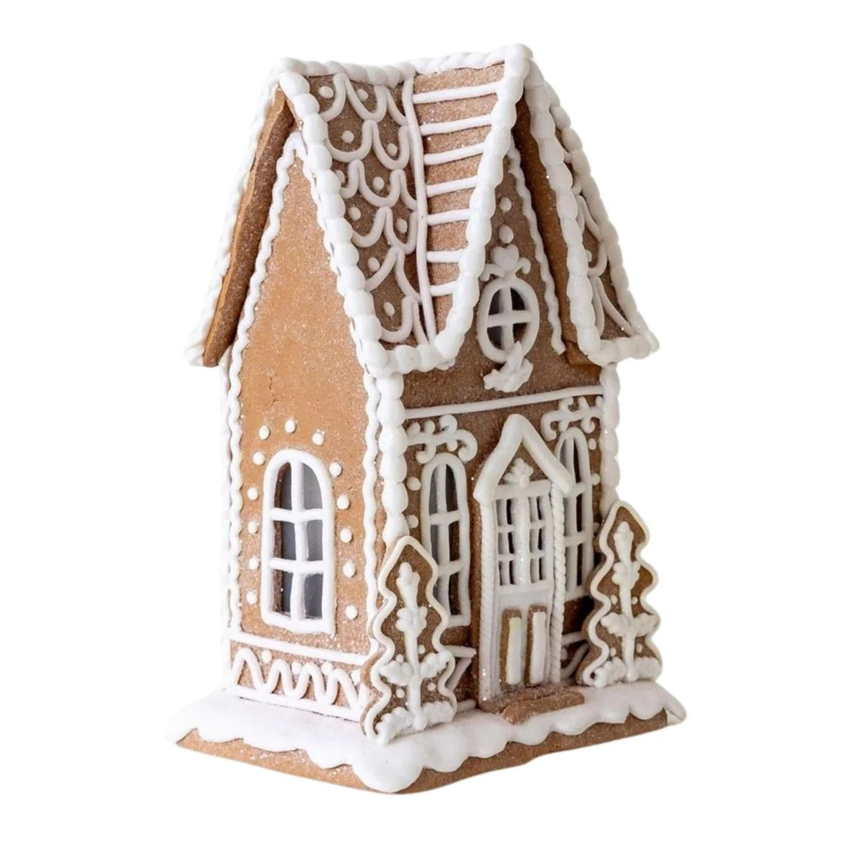 Lighted gingerbread house with white icing details, windows, and front door
