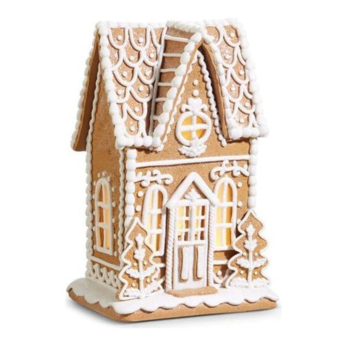 Lighted gingerbread house decoration with white icing roof and brown cookie walls