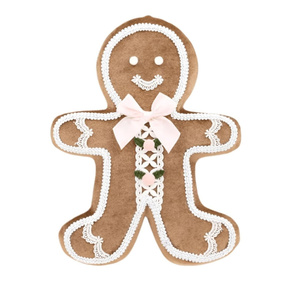 Brown gingerbread boy ornament with white icing trim, pink bow, and green details