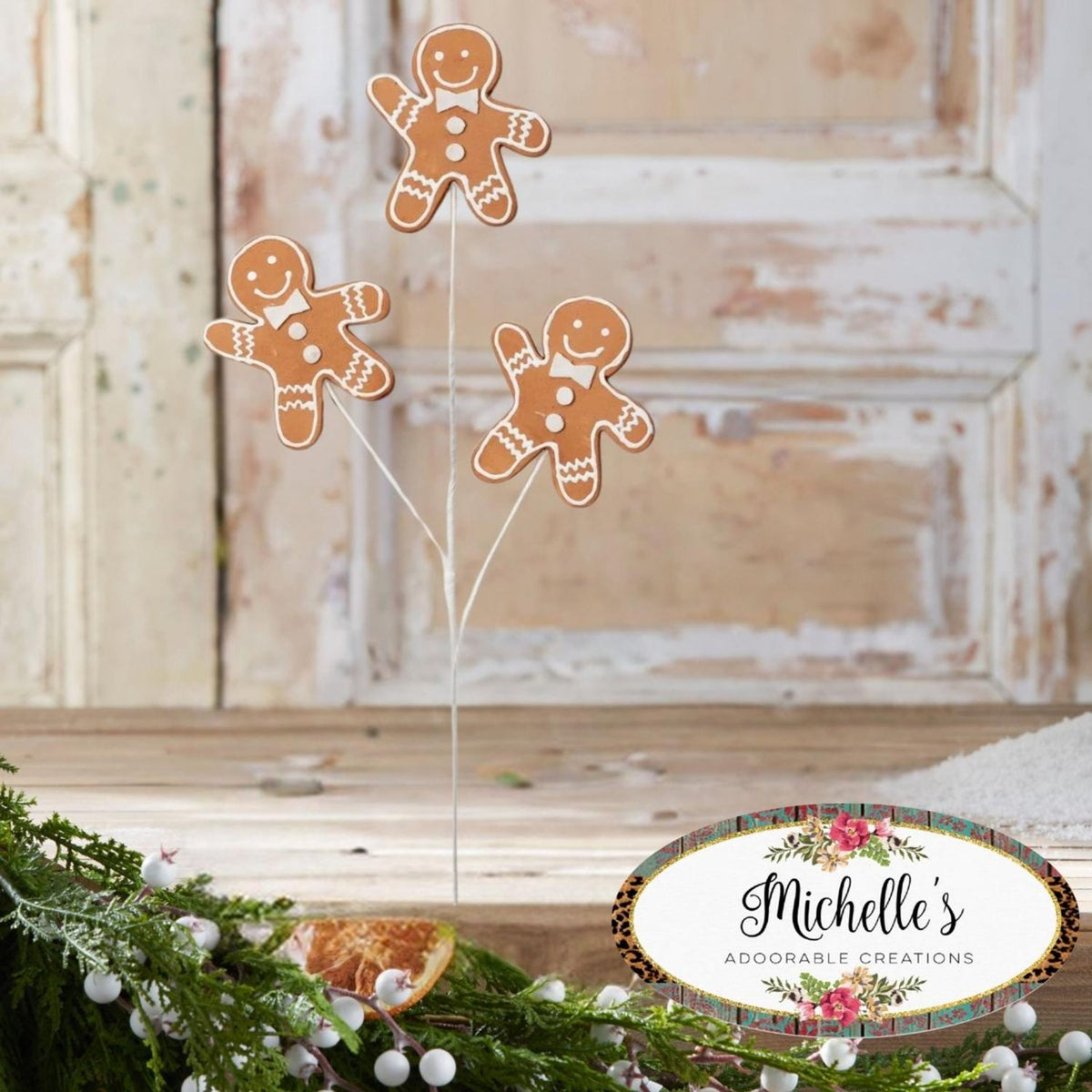 24-inch gingerbread cookie decoration spray with 'Michelle's' tag and four gingerbread figures