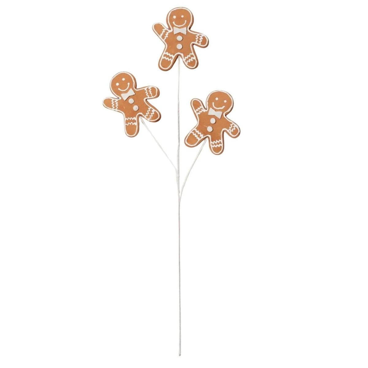 24-inch gingerbread cookie decoration spray with four gingerbread figures on thin white stems