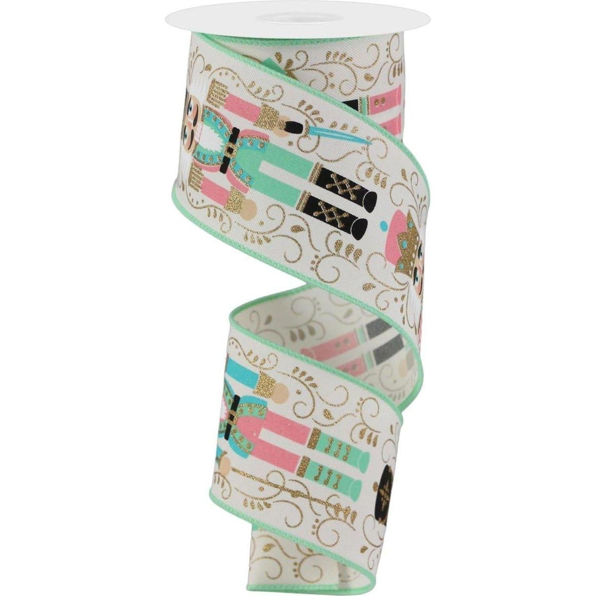 Nutcracker ribbon, ivory with mint green nutcracker print, on spool with curls