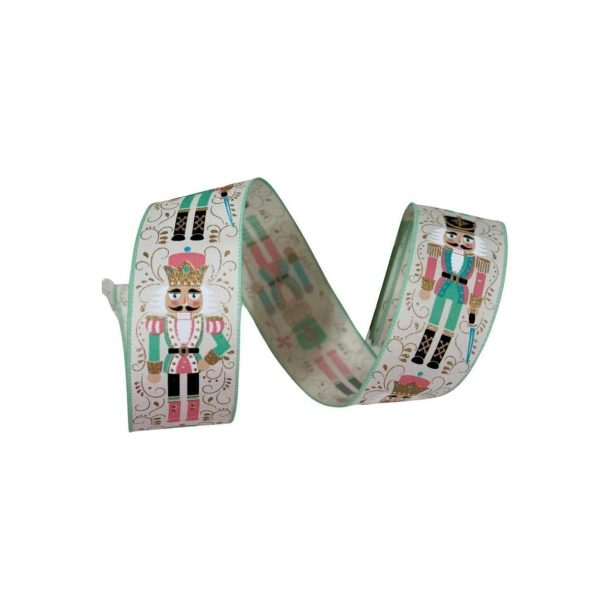 Nutcracker ribbon length, ivory and mint green with nutcracker characters, looped