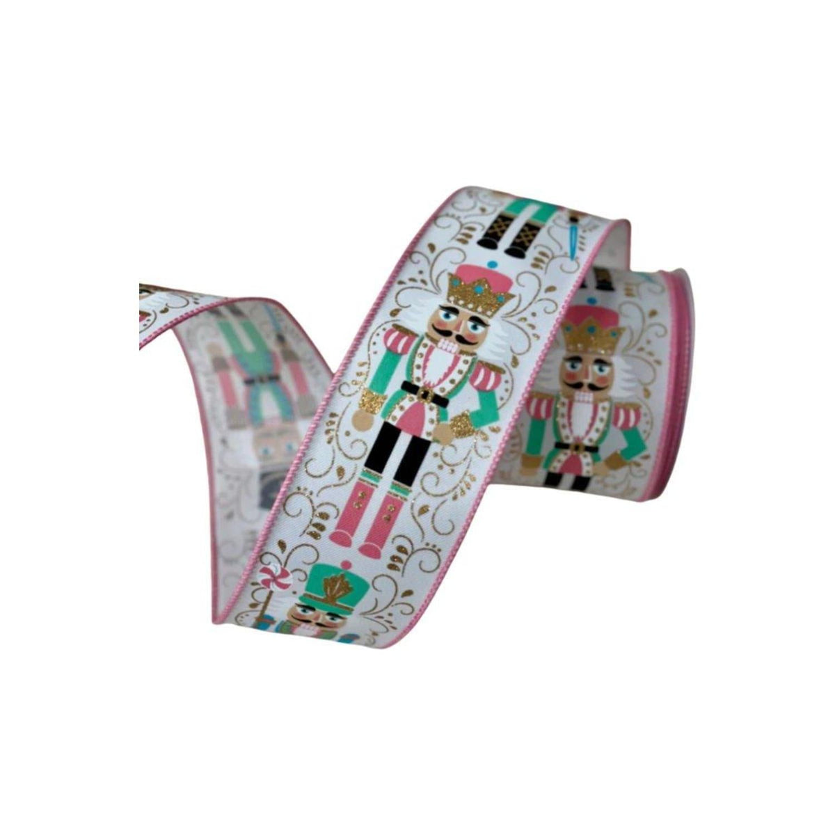 Nutcracker patterned ribbon with colorful soldier designs on white and pink fabric.