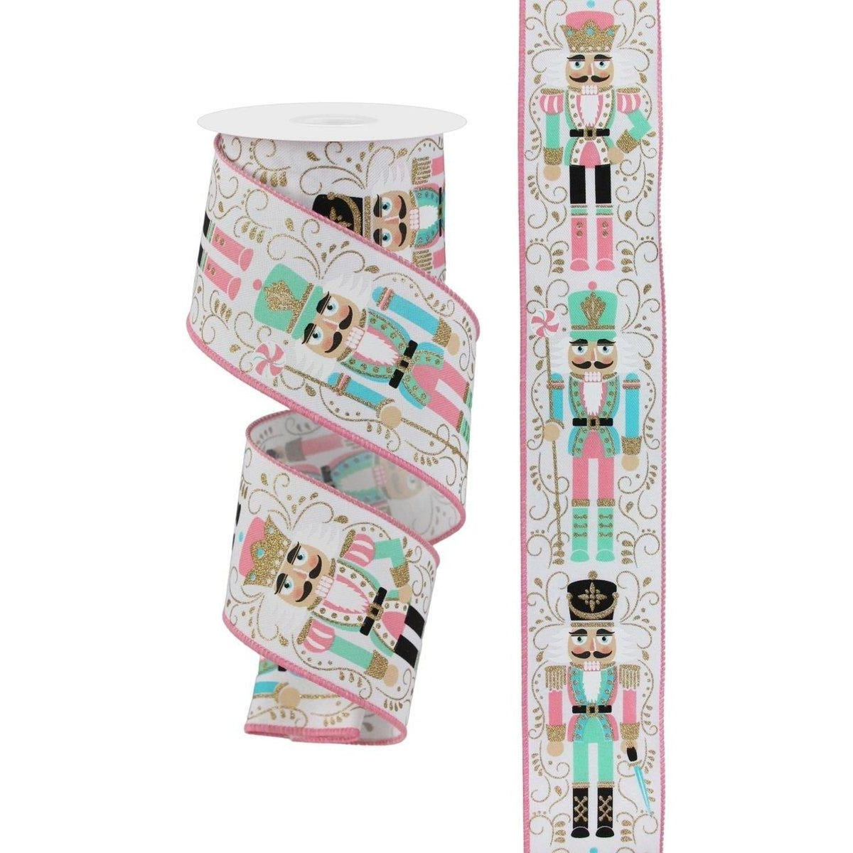 2.5-inch nutcracker ribbon spool with pink edge trim and nutcracker character print.