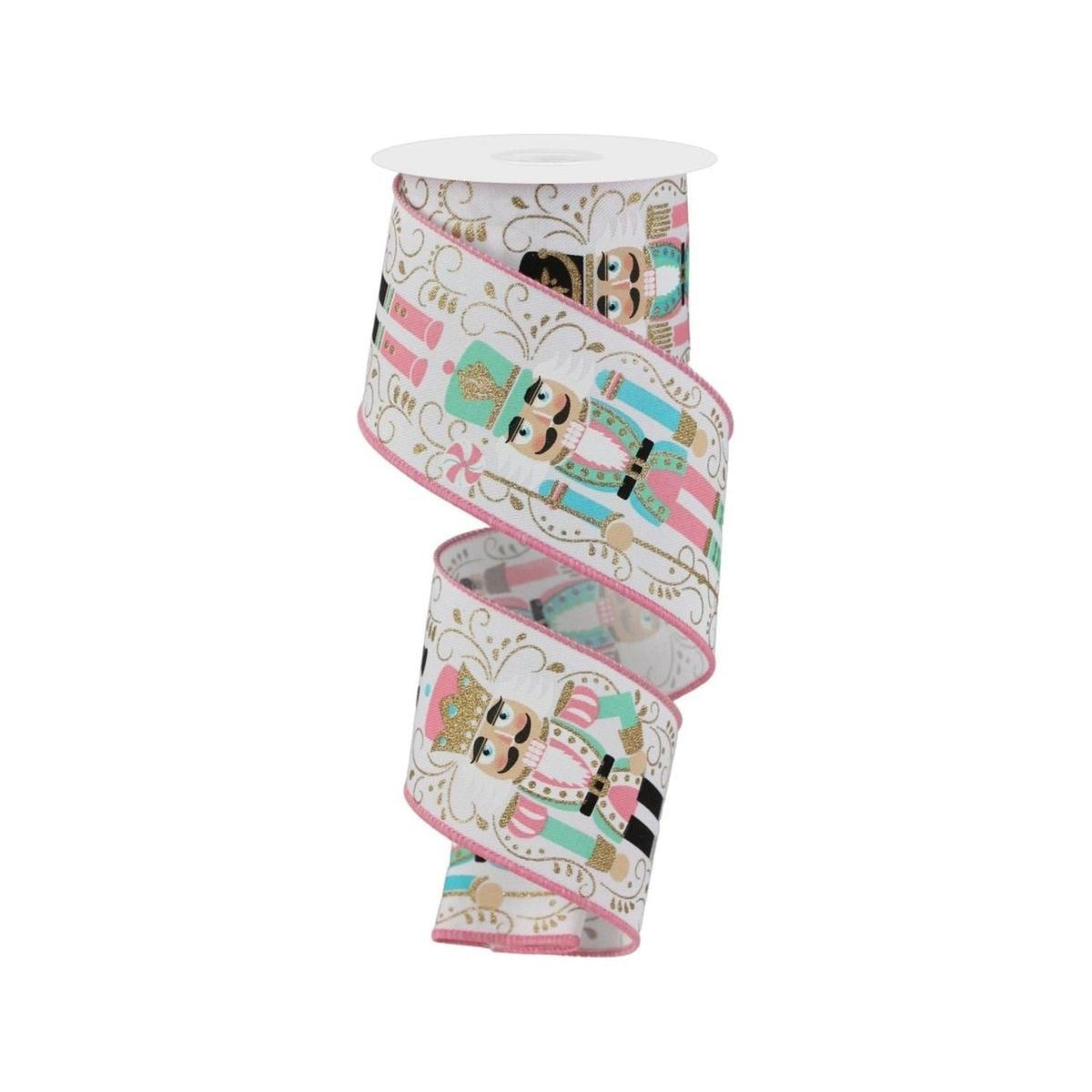 2.5-inch nutcracker ribbon on a white and pink spool, featuring nutcracker characters.