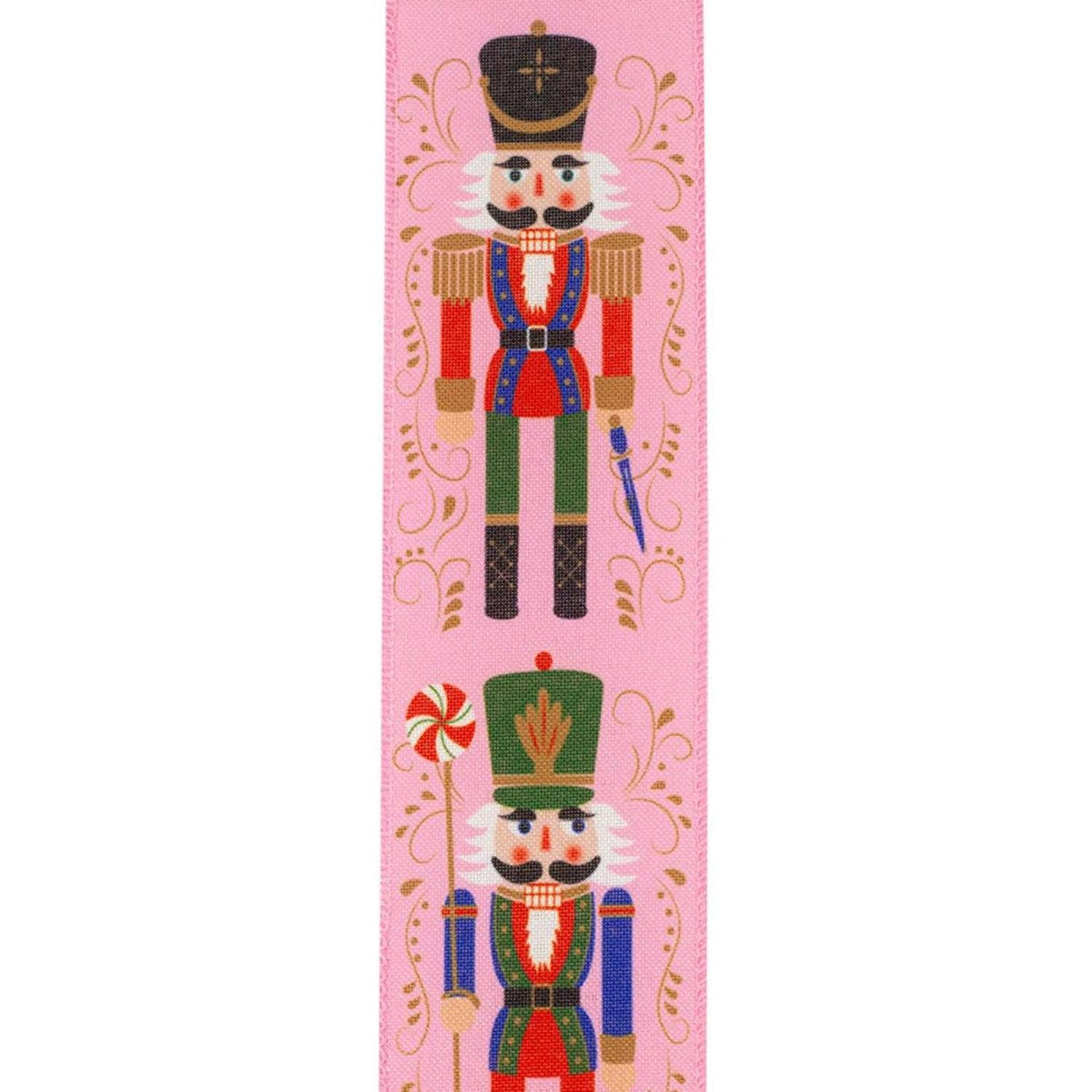 Pink vertical ribbon with two nutcracker characters and decorative scroll medallion pattern