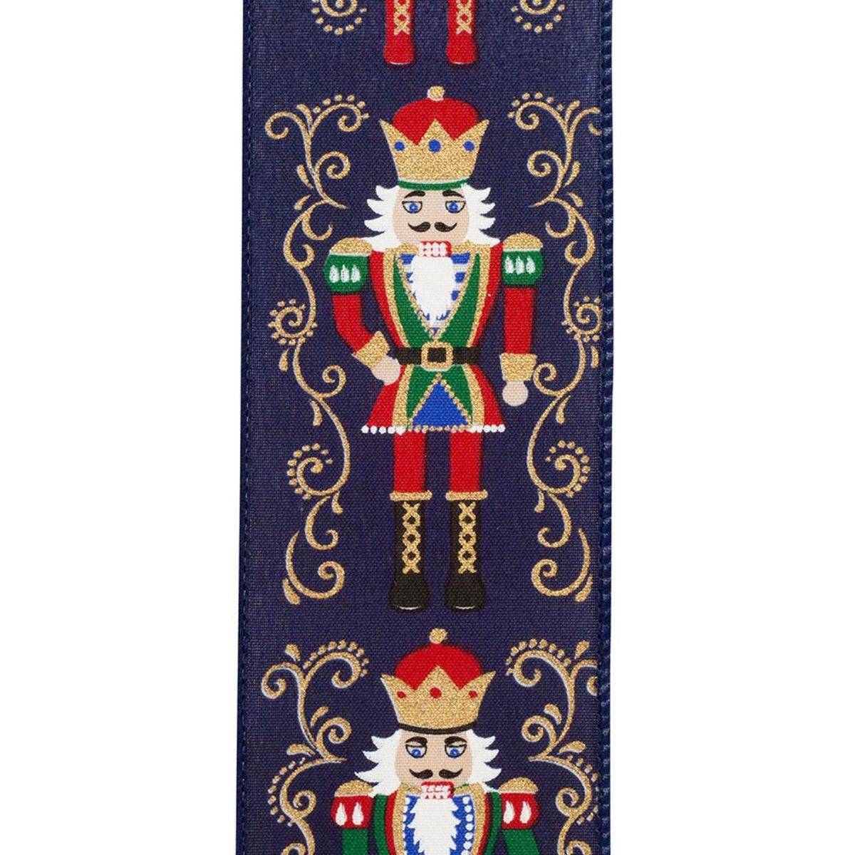 Blue ribbon panel with nutcracker and ornate gold filigree, close-up