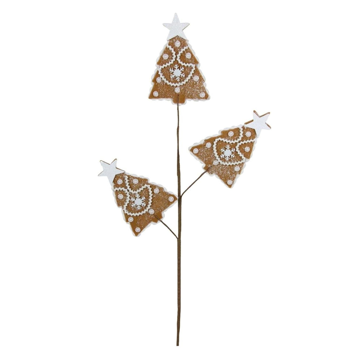 Gingerbread Christmas tree spray: three brown gingerbread tree ornaments with white stars