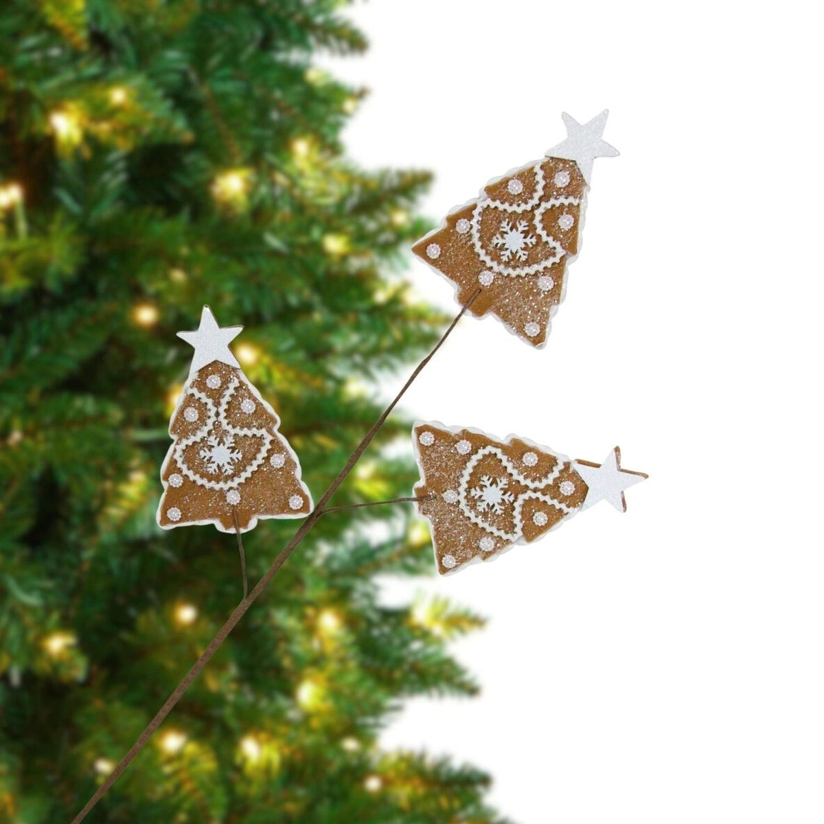 Gingerbread tree spray with three ornaments and white star toppers on thin wire